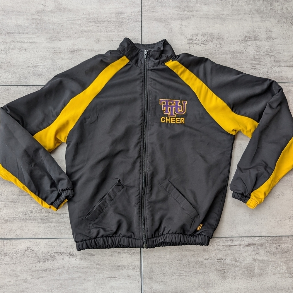 Vintage Varsity Brand TTU Cheer Black Yellow Purple Varsity Jacket Women's Small